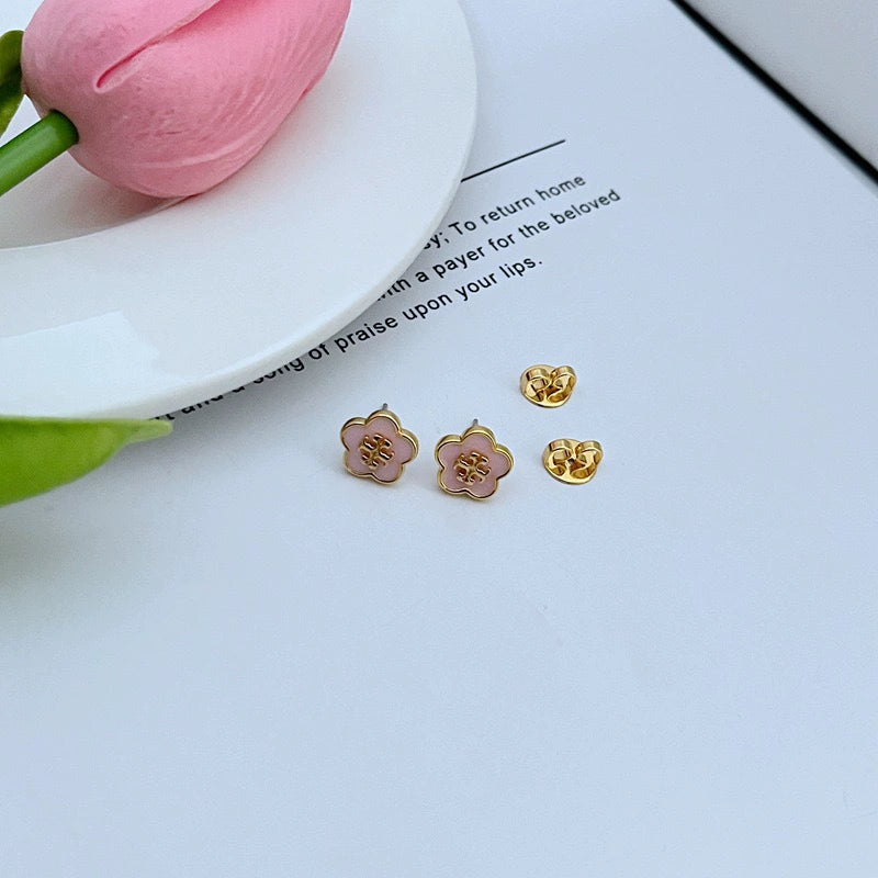 Gold-tone floral enamel stud earrings, multi-color clover motif pair