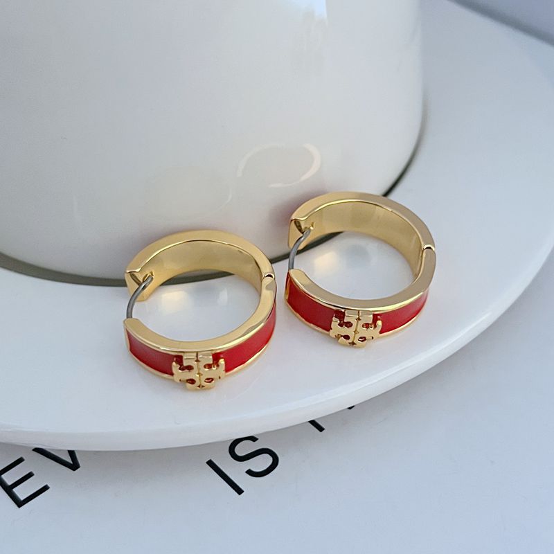 Gold-tone enamel hoop earrings with red round band and decorative front detailing