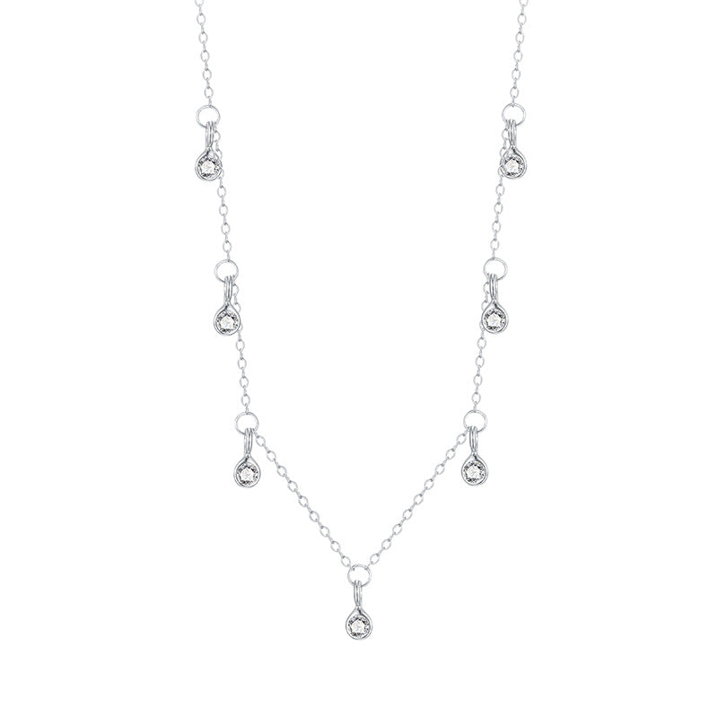 Silver-tone S925 geometric teardrop zircon necklace with central round drop charm