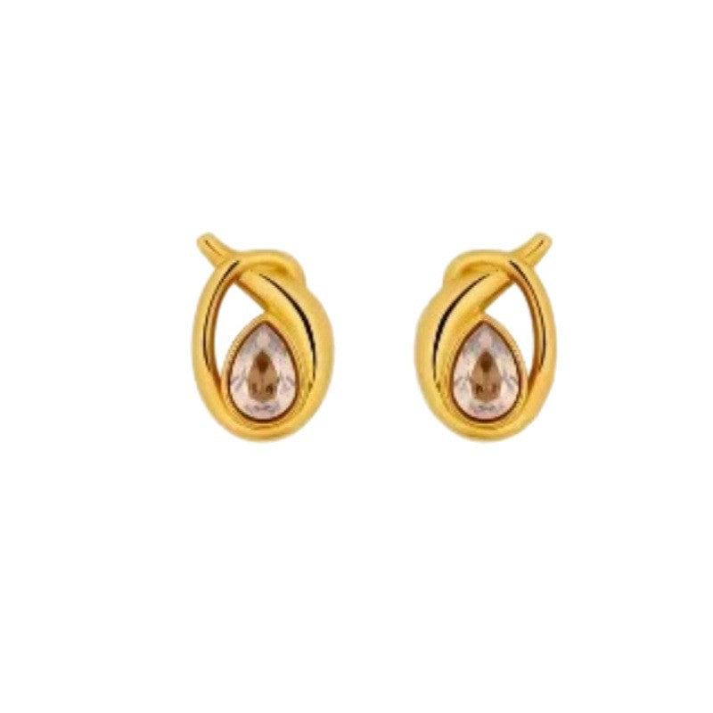 Gold teardrop loop earrings with pinkish champagne teardrop gemstone