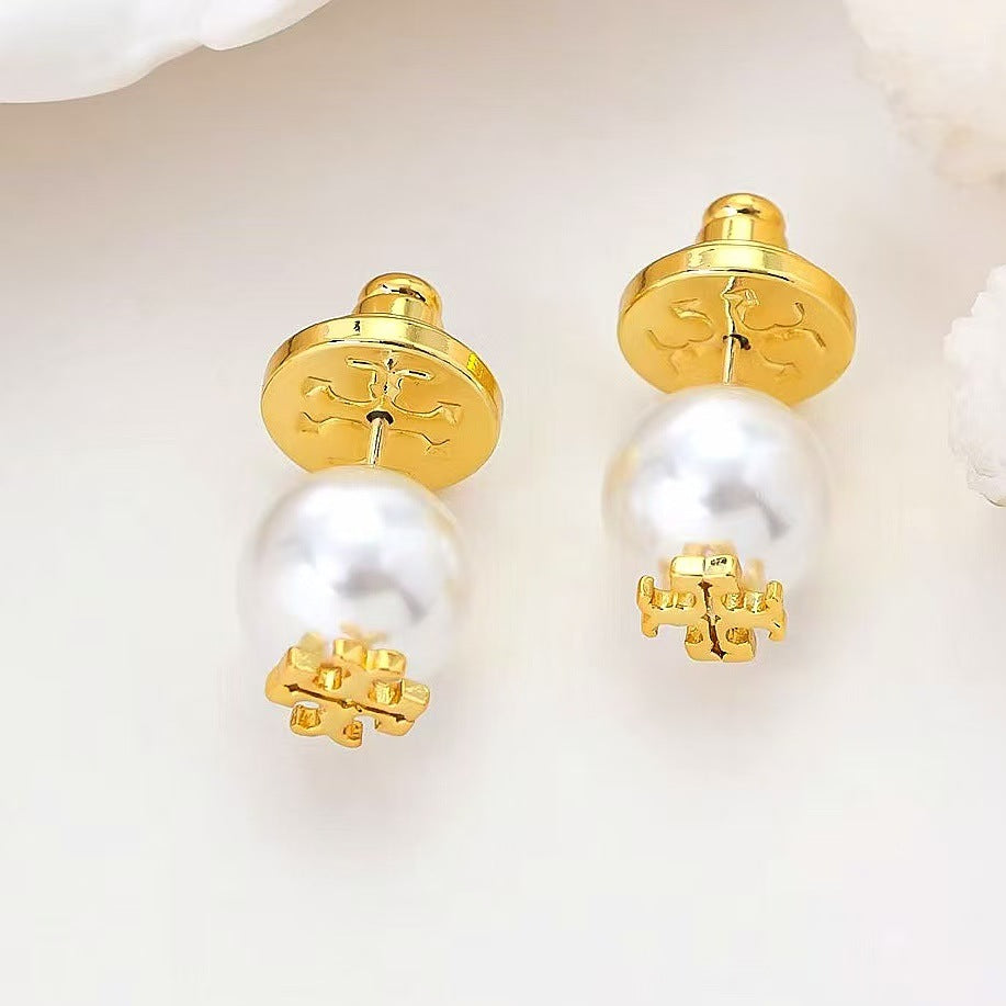 Tory Burch Logo Pearl Stud Earrings