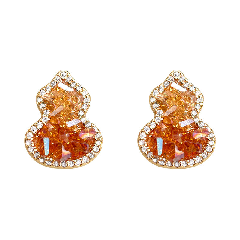 Crystal gourd stud earrings with orange gradient stones and rhinestone trim