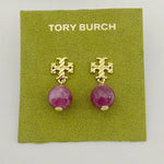 Purple-red round agate pendant earrings with gold-tone geometric drop details
