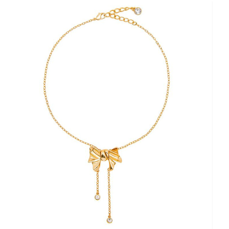 Vintage bow crystal tassel necklace, gold-tone chain with dangling crystal drops
