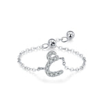 Sterling silver Arabic letter charm ring with pavé crystal, rounded form on adjustable chain
