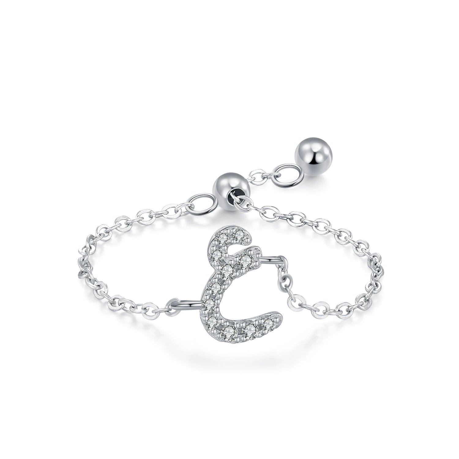 Sterling silver Arabic letter charm ring with pavé crystal, rounded form on adjustable chain