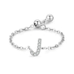 Adjustable sterling silver bracelet with pavé initial U-style charm and chain links