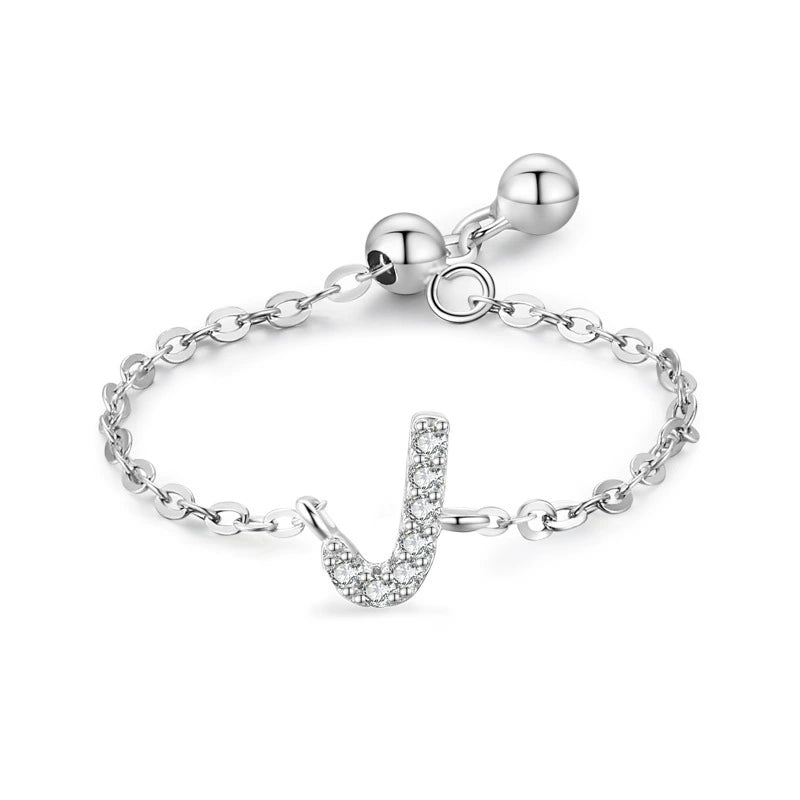 Adjustable sterling silver bracelet with pavé initial U-style charm and chain links