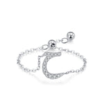 Silver adjustable chain ring with Arabic letter charm, bead ends, and linked band