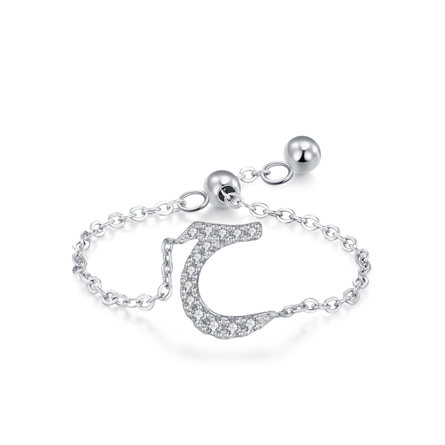 Silver adjustable chain ring with Arabic letter charm, bead ends, and linked band