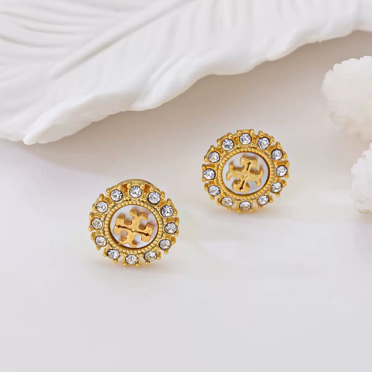 Tory Burch Diamond Natural Mother-of-Pearl Round Stud Earrings