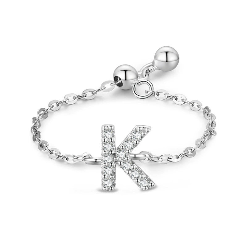 Adjustable sterling silver bracelet with pavé initial K-style charm and chain links