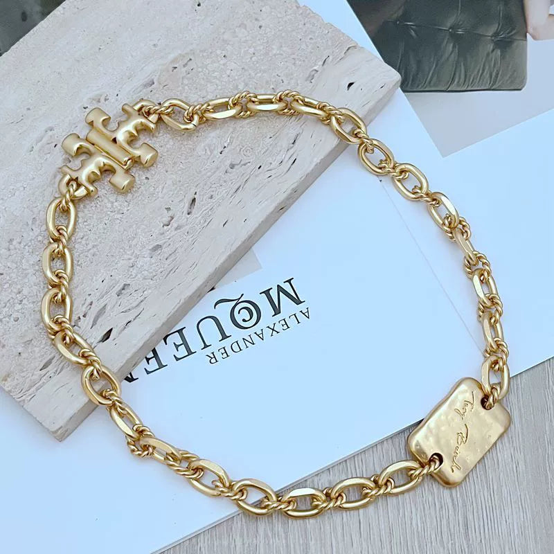 Gold chunky chain bracelet/necklace with rectangular engraved tag and H charms