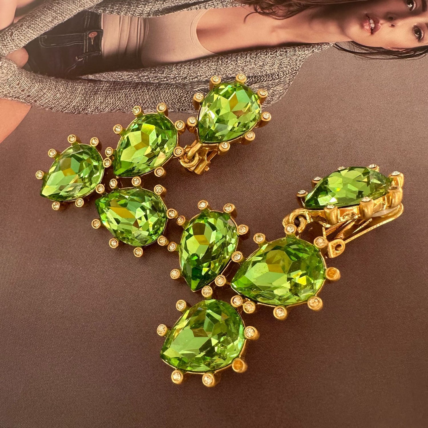 Cactus-cut sparkling glass diamond ear clips in green with gold-tone settings