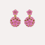 Enamel hydrangea earrings, pink flowers with gold-tone filigree