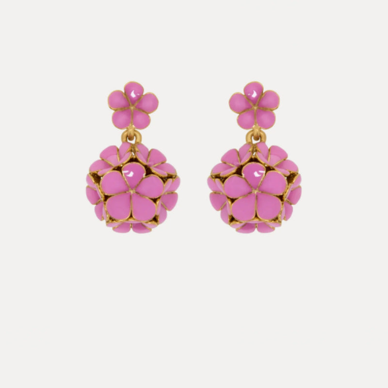 Enamel hydrangea earrings, pink flowers with gold-tone filigree