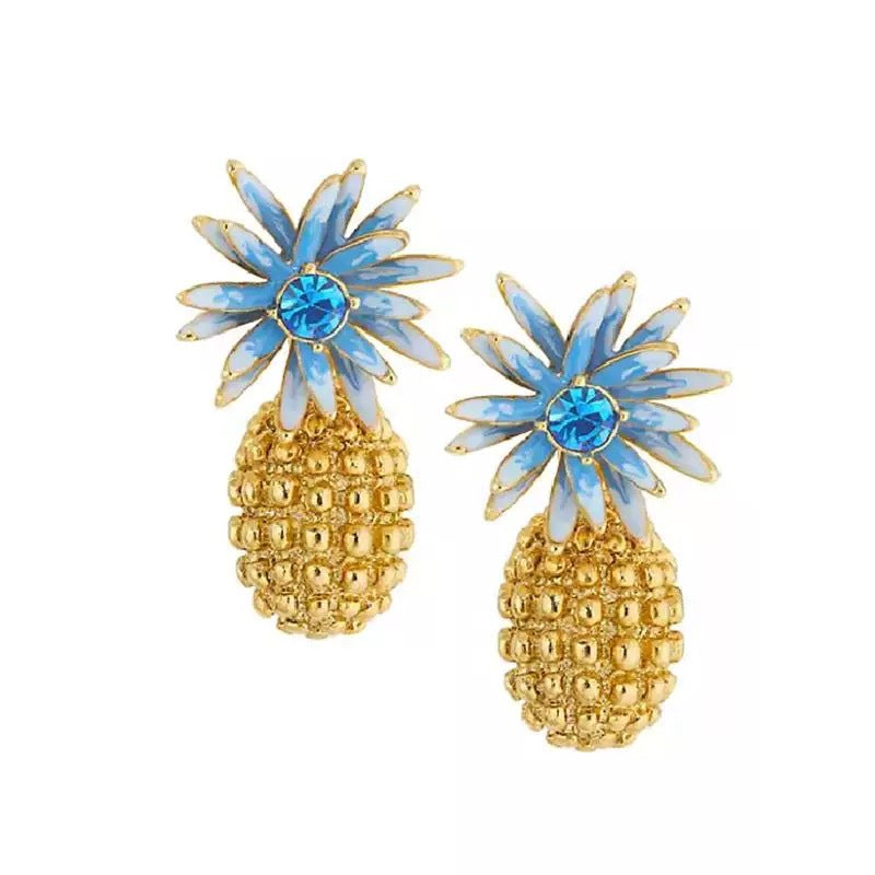 Enamel pineapple flower diamond earrings, blue flower tops on gold textured pineapple drops