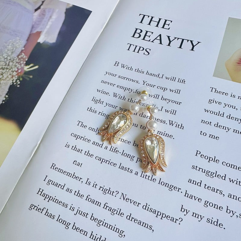 Vintage tulip diamond flower drop earrings with gold-tone teardrop stones and pearl dangles