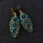 Clip-on teardrop diamond earrings, Blue crystal oval cluster drops with gold setting