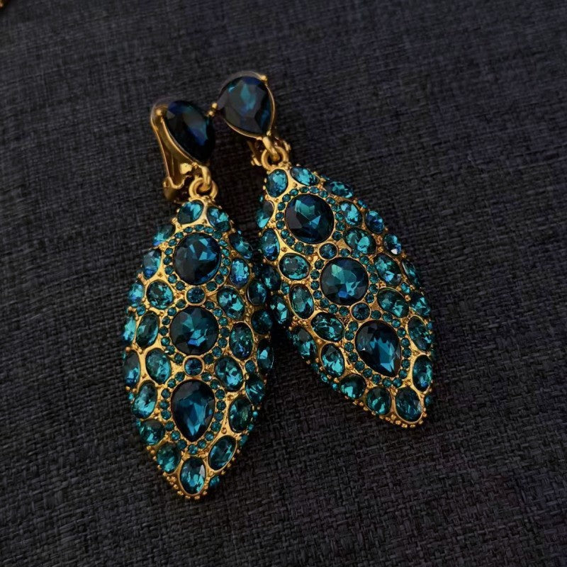 Clip-on teardrop diamond earrings, Blue crystal oval cluster drops with gold setting