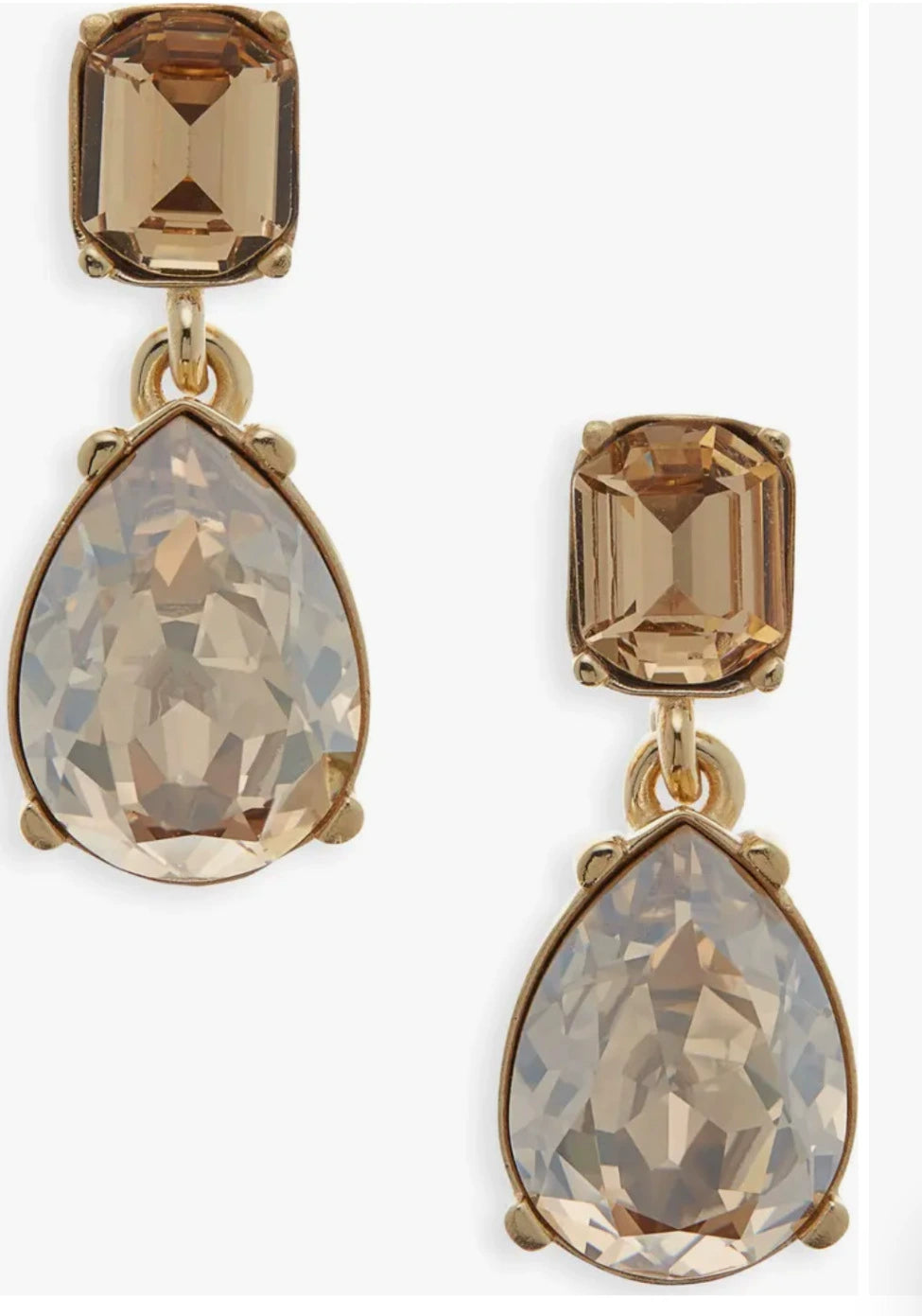 Teardrop-cut crystal stud earrings with champagne teardrop and smoky square top, gold tone