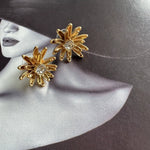 Gold enamel flower diamond earrings with clear round crystal centers, small dangle tops