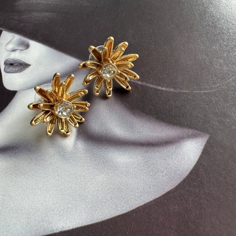 Gold enamel flower diamond earrings with clear round crystal centers, small dangle tops