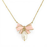 Gold-tone bow pendant necklace with pink enamel and white pearl drop