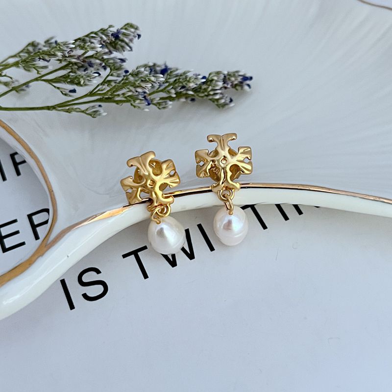 Gold-tone logo stud earrings with freshwater pearl drops