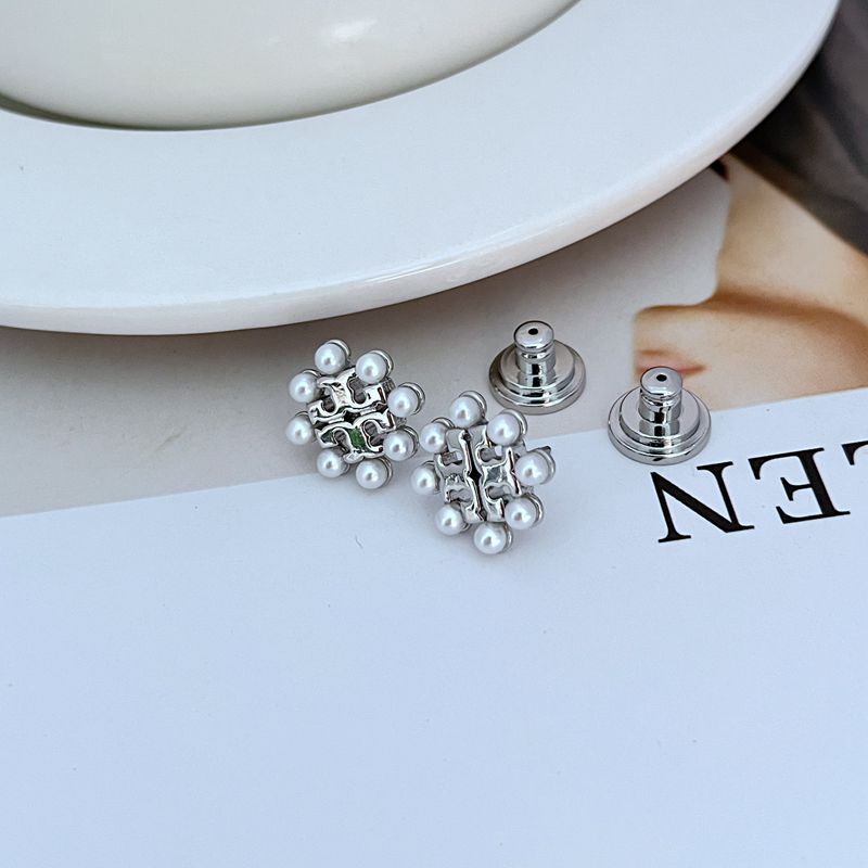 White gold-tone pearl openwork metal studs with clustered pearls and post backs