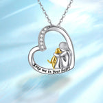 Heart pendant necklace in white-gold tone with mother-and-child figures, 'Keep me in your heart'