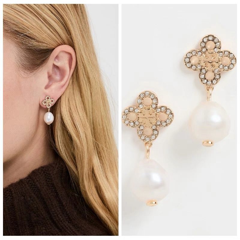 Gold four-leaf clover diamond & freshwater pearl drop earrings with petal stones