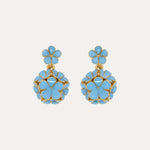 Enamel hydrangea earrings, sky-blue enamel flowers with gold-tone frames