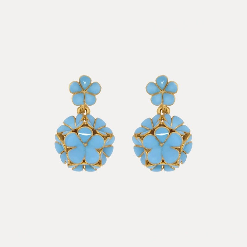 Enamel hydrangea earrings, sky-blue enamel flowers with gold-tone frames