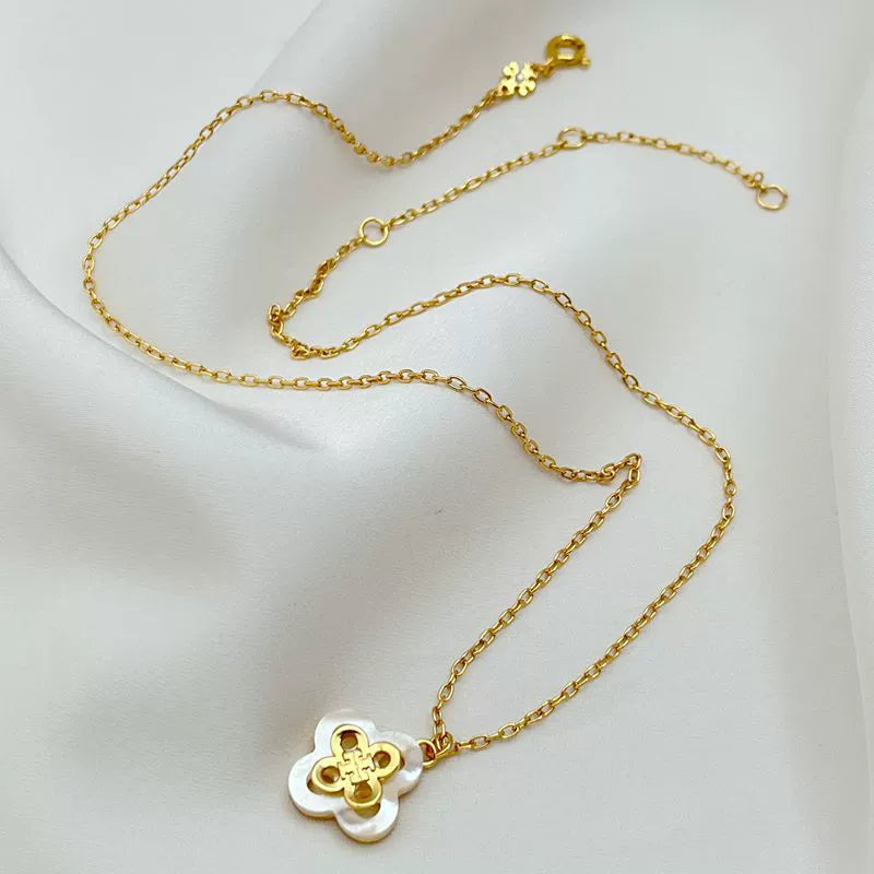 Tory Burch Natural Shell Layered Openwork Four-Leaf Clover Necklace