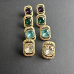 Square crystal drop studs with stacked squares: purple, green, light-blue, clear stones