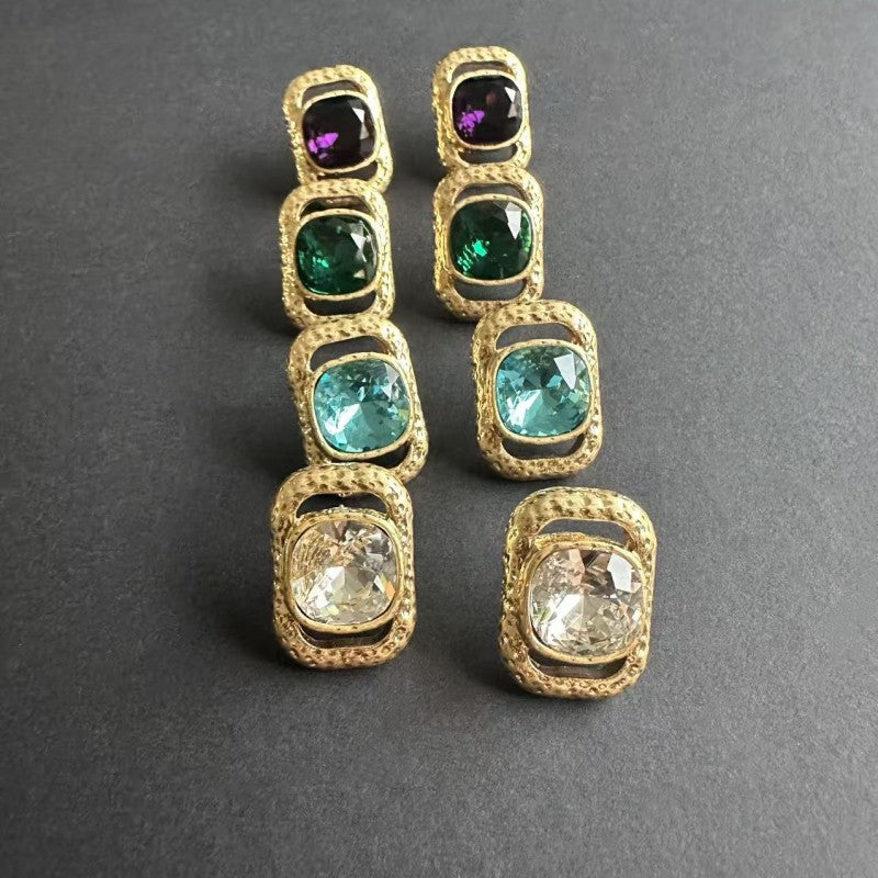 Square crystal drop studs with stacked squares: purple, green, light-blue, clear stones
