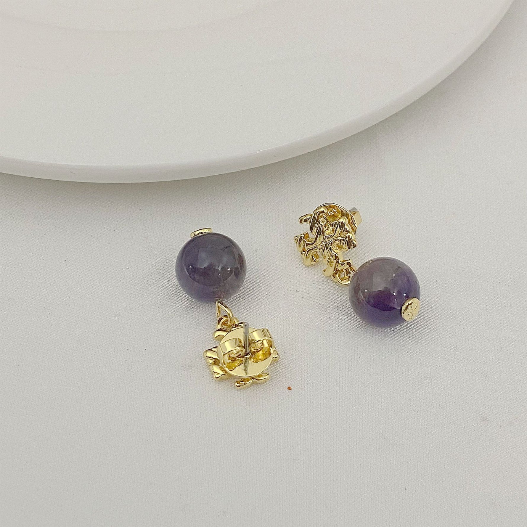 Agate pendant earrings, gold-tone with purple round bead drops