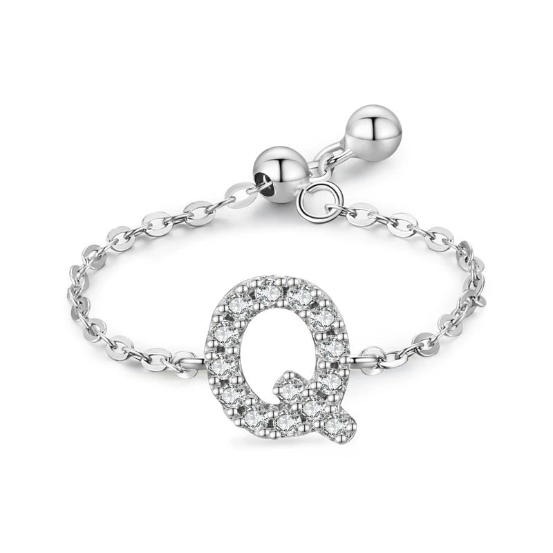 Adjustable sterling silver bracelet with pavé Q-shaped initial charm and chain links