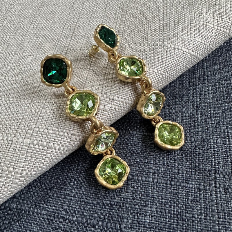 Full-crystal square drop earrings with green stones and gold-tone accents