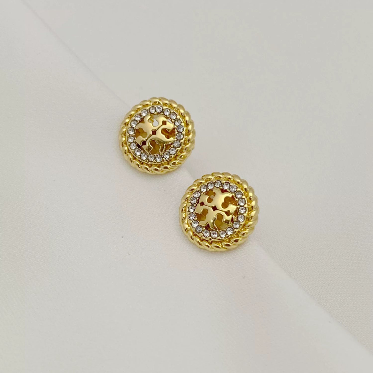 Tory Burch Round Spiral Wheat Ear Diamond Logo Stud Earrings