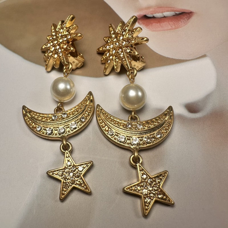 Gold star-moon pendant drop earrings with pearl and sparkling crescent moon charms
