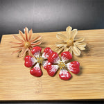 Cherry blossom enamel stud earrings, red gradient petals with gold center