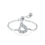 Sterling silver adjustable chain bracelet with Arabic letter charm in clear stones, teardrop loop