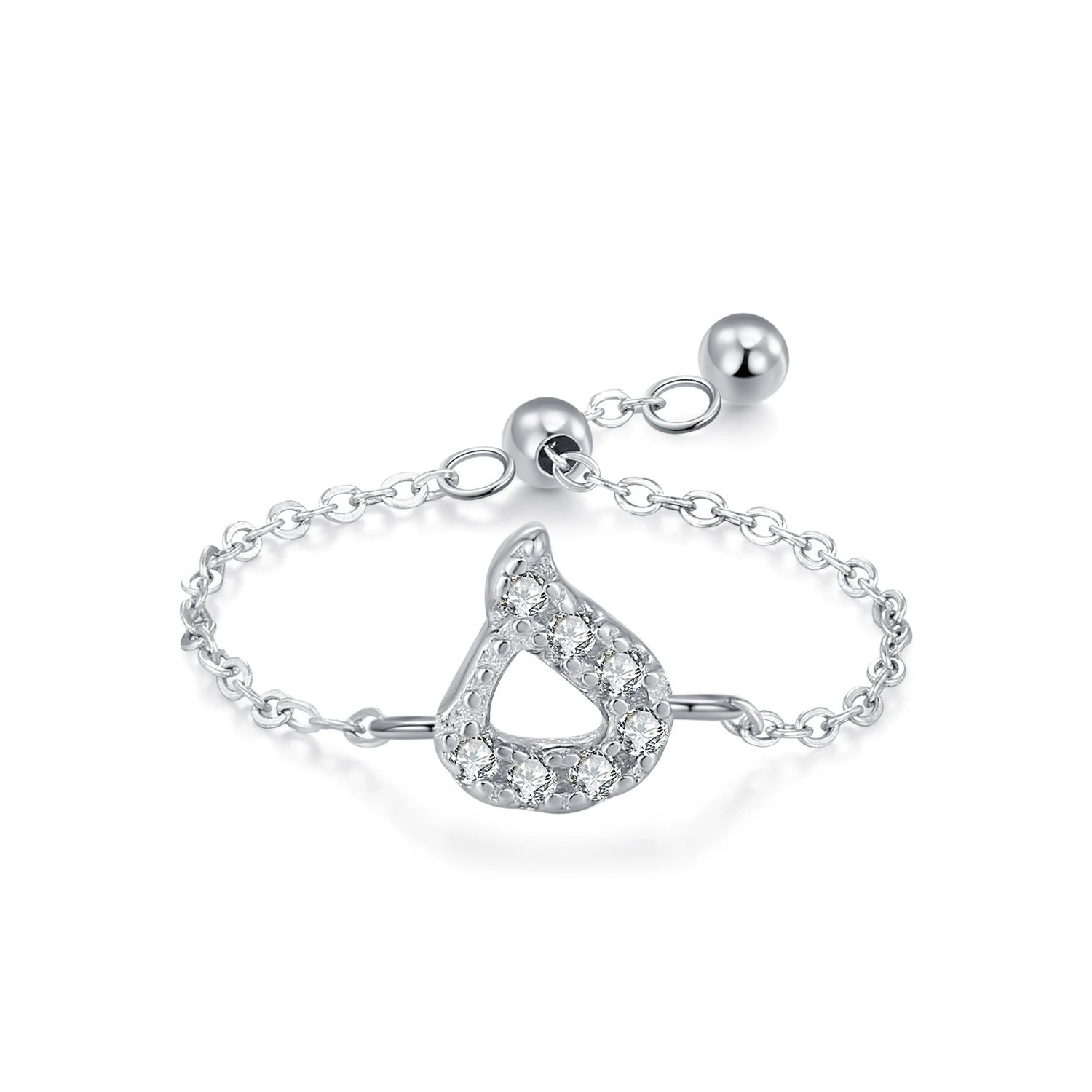 Sterling silver adjustable chain bracelet with Arabic letter charm in clear stones, teardrop loop