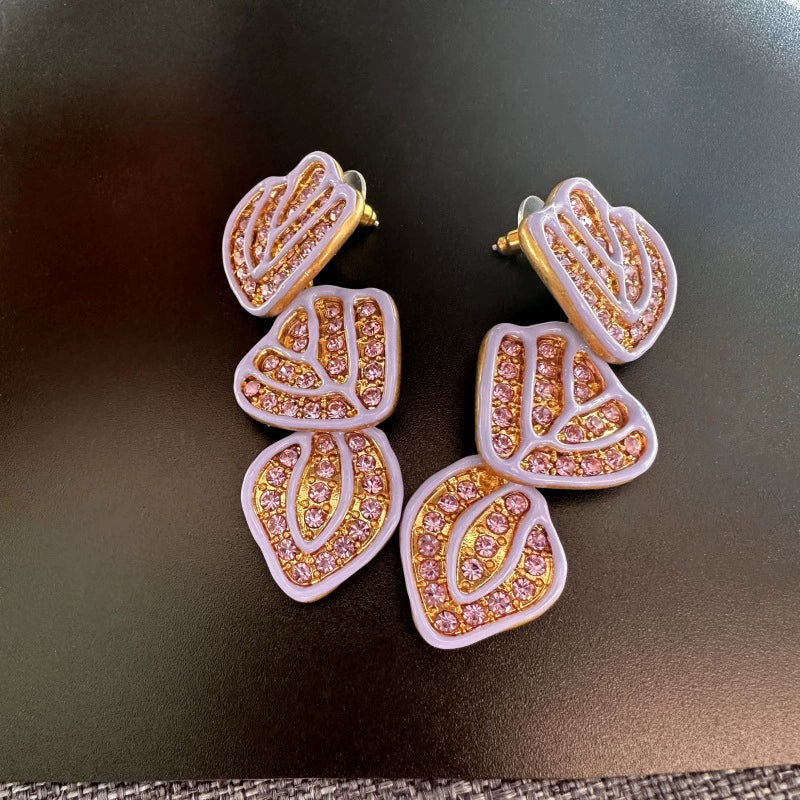 Hand-painted enamel leaf pendant earrings, lilac heart leaves with rose-gold pave