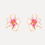 Multicolor enamel floral earrings: pink center, white petals, gold-tone outline
