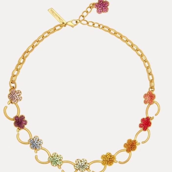 Oscar de la Renta elegant diamond floral O-ring necklace with multicolor flower charms