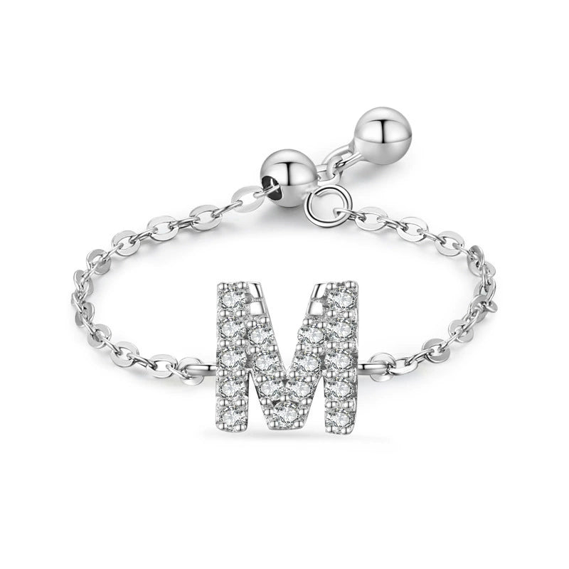 Adjustable sterling silver bracelet with pavé initial M-style charm and chain links