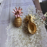 Pink enamel flower diamond earrings with gold textured pineapple drops and oval earring back